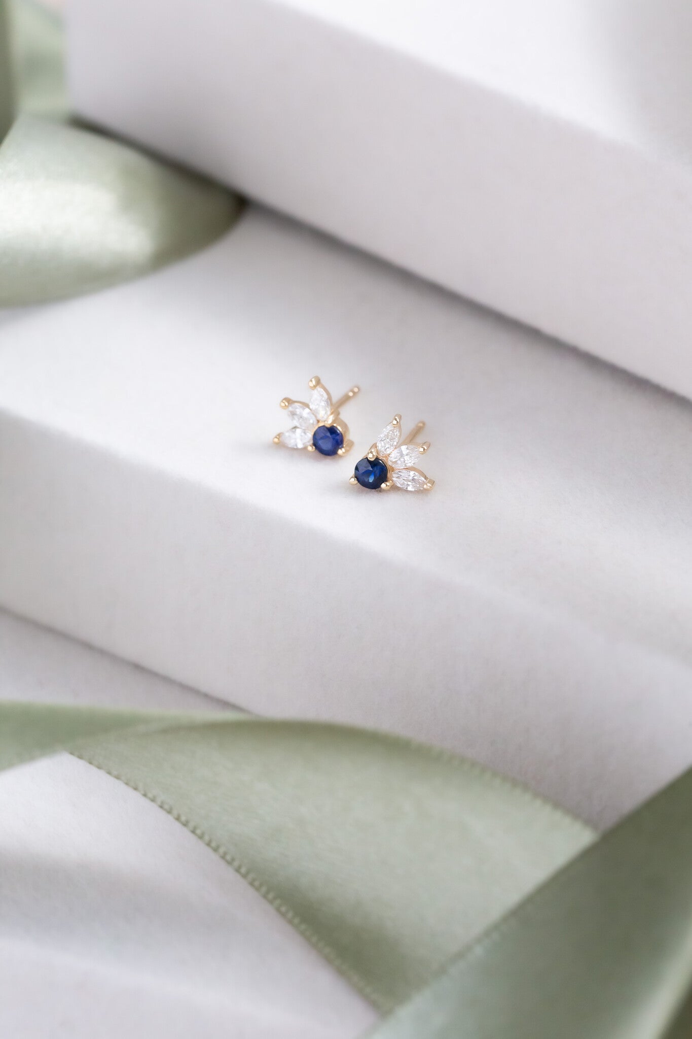 Round Sapphire with Marquise Diamond Earrings