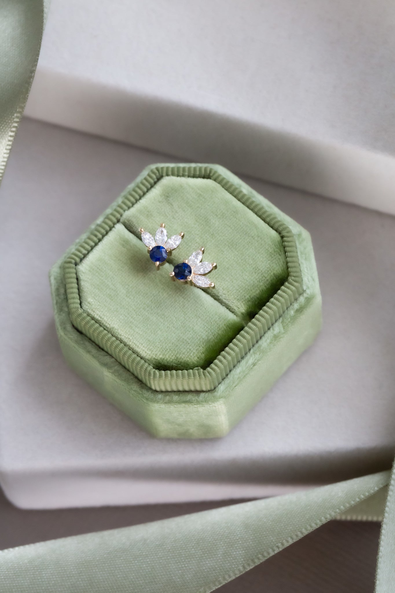 Round Sapphire with Marquise Diamond Earrings