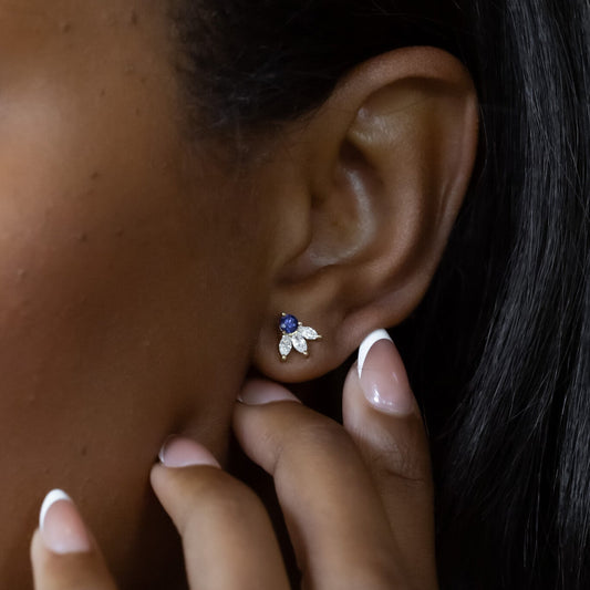 Round Sapphire with Marquise Diamond Earrings