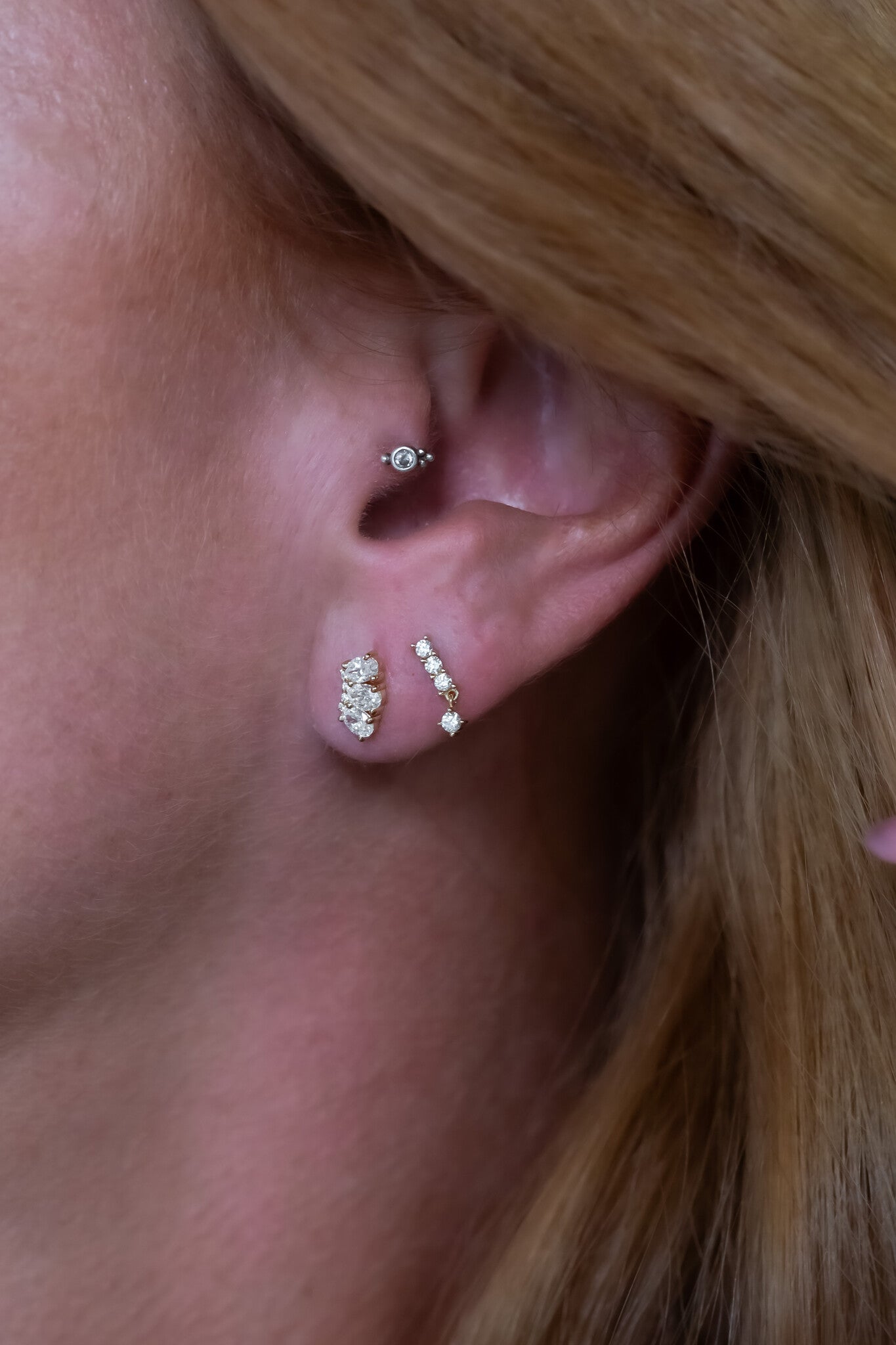 Three Oval Diamonds with Curved Diamond Bar Earrings