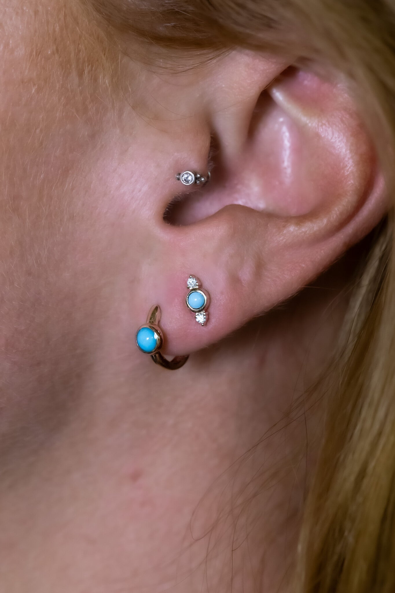 Round Turquoise in Bezels Huggie Earrings