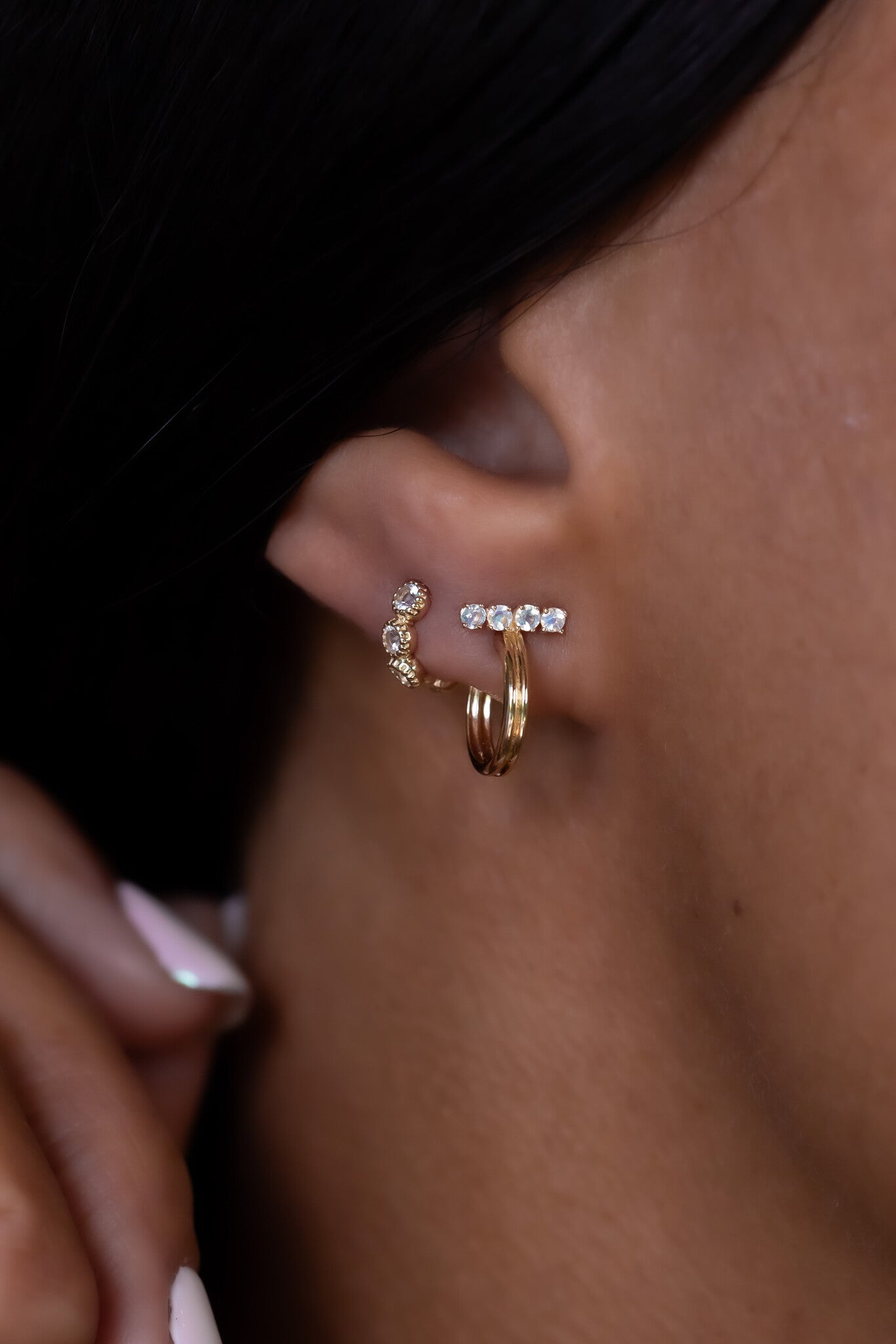 Moonstone Bar with Thin Hoop Earrings