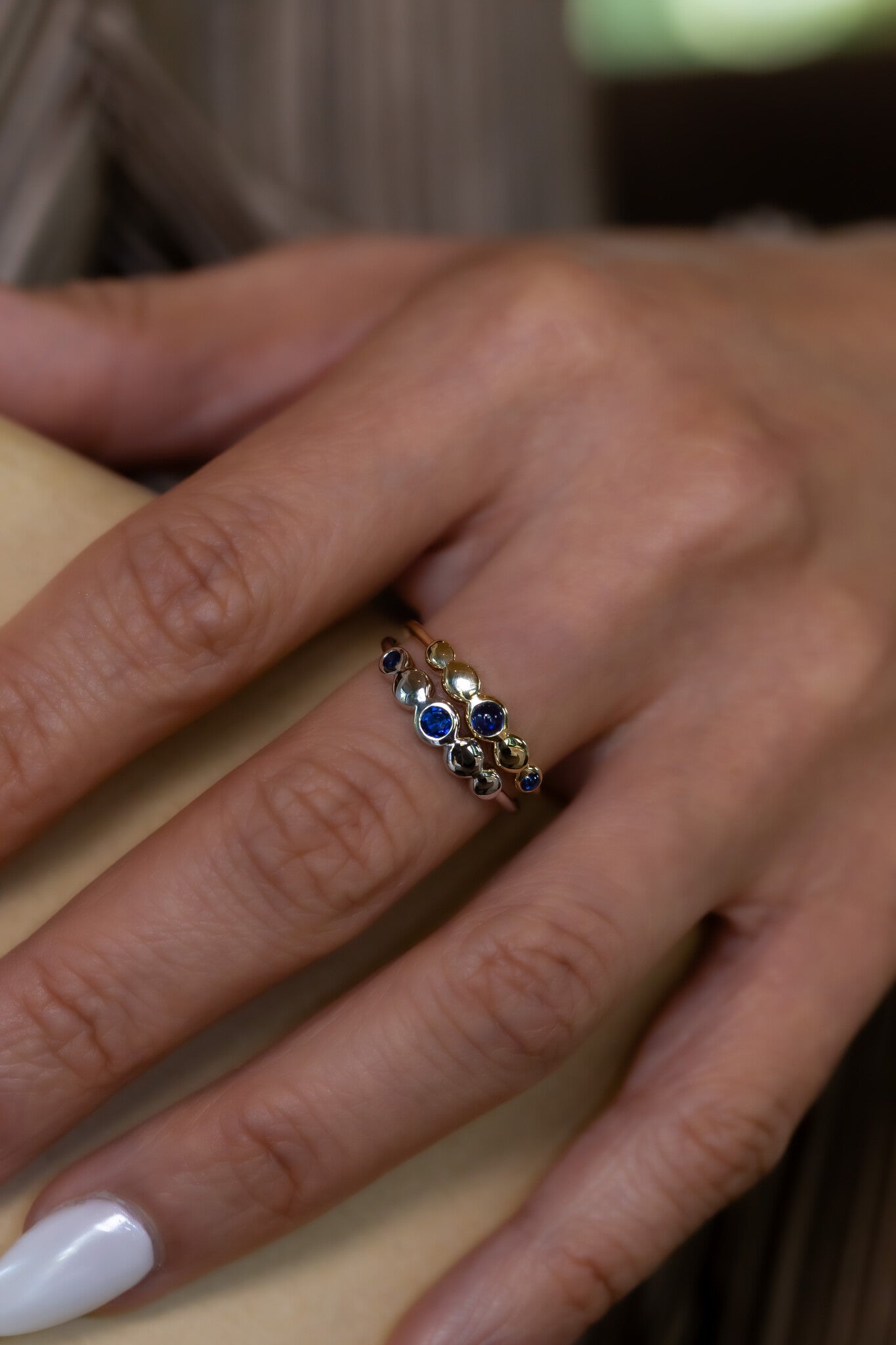 Two Sapphires with Circular Gold Accents Ring