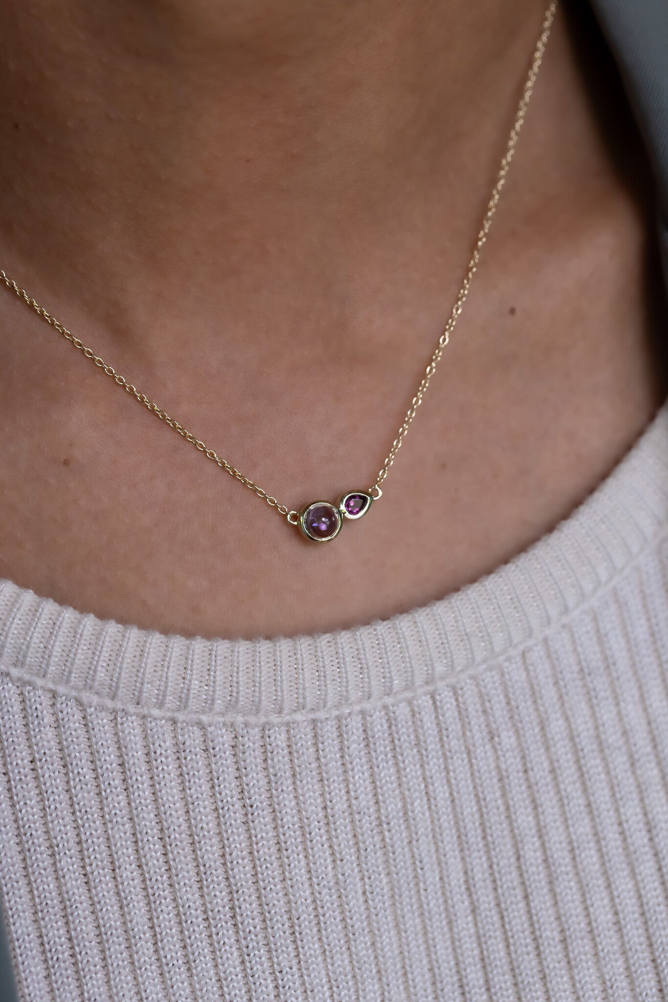 Round Amethyst and Pear Rhodolite Necklace