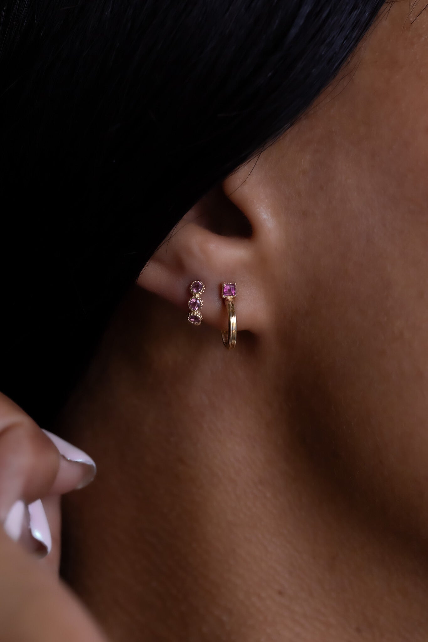 Pink Tourmaline with Thin Textured Hoop Earrings
