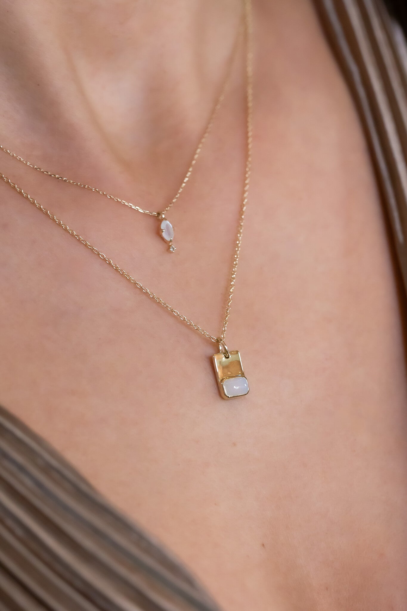 Emerald Cut Blue Chalcedony and Gold Necklace