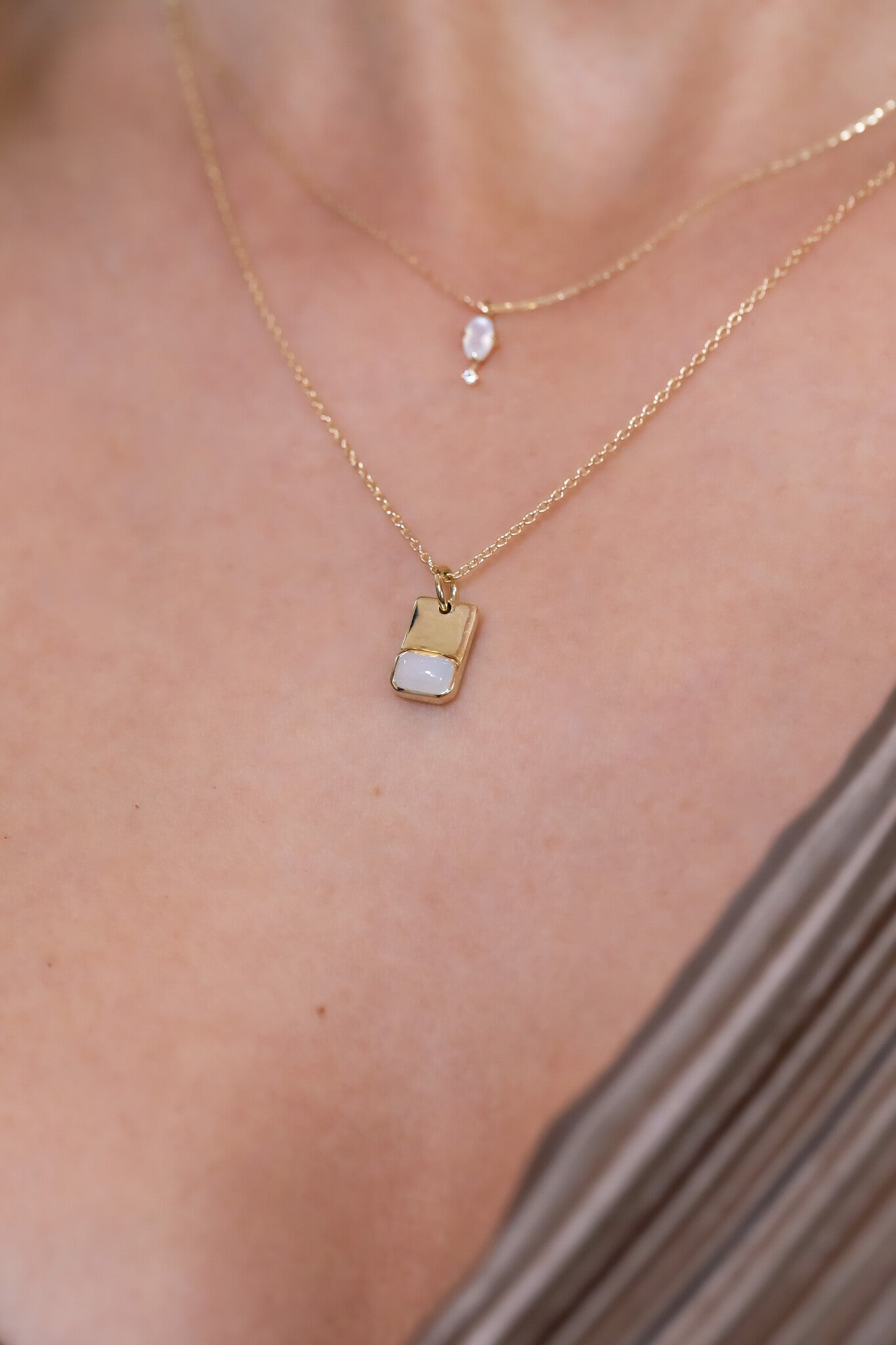 Emerald Cut Blue Chalcedony and Gold Necklace