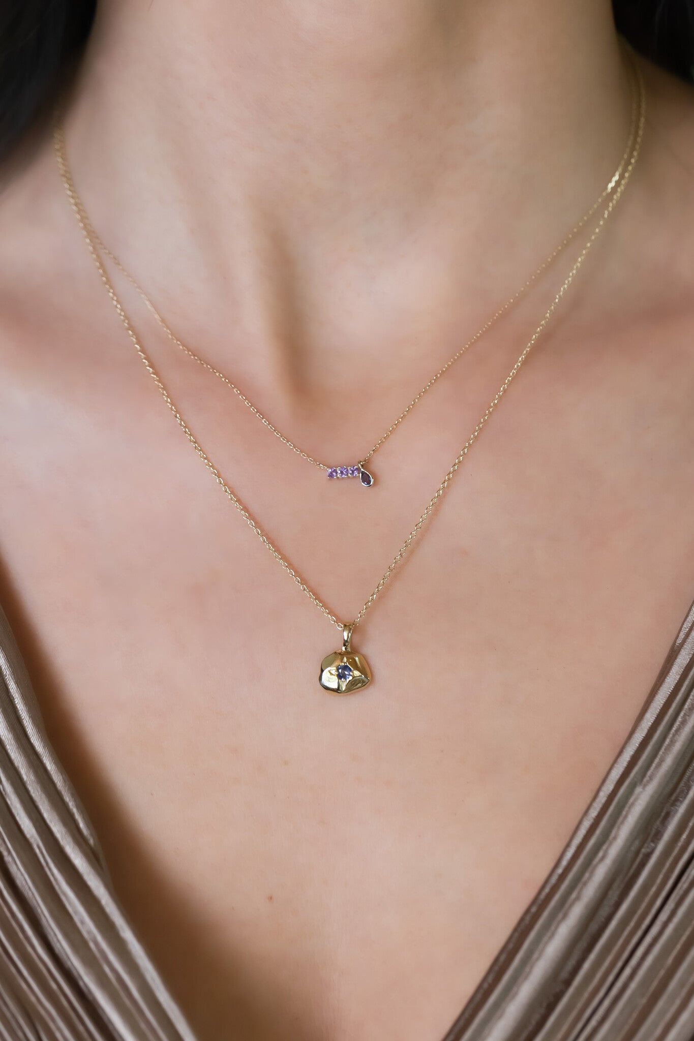 Iolite with Organic Gold Halo Necklace