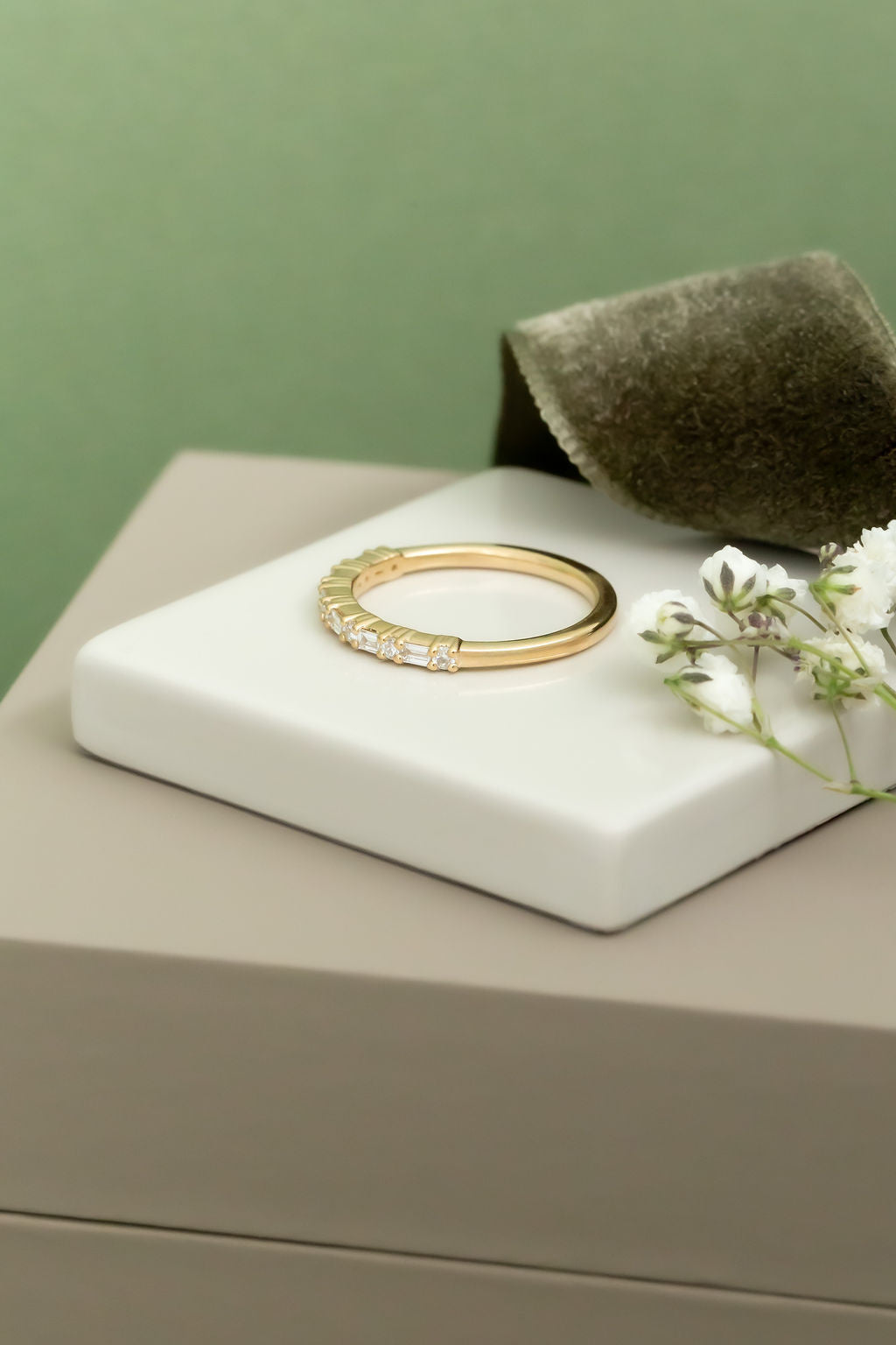 Profile view of The Katherine Diamond Band in 14k yellow gold