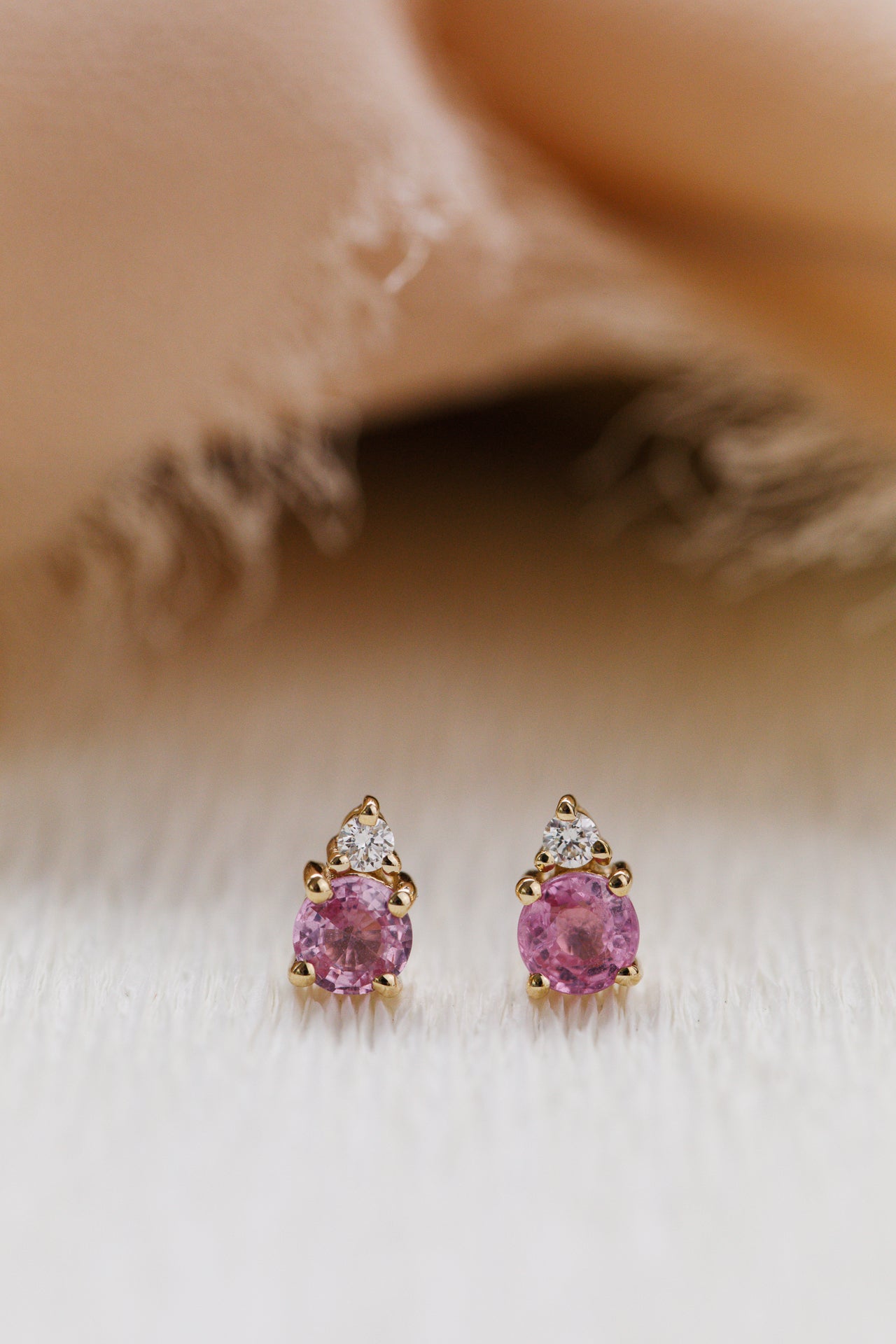 Round Pink Sapphires and Diamond Stud Earrings